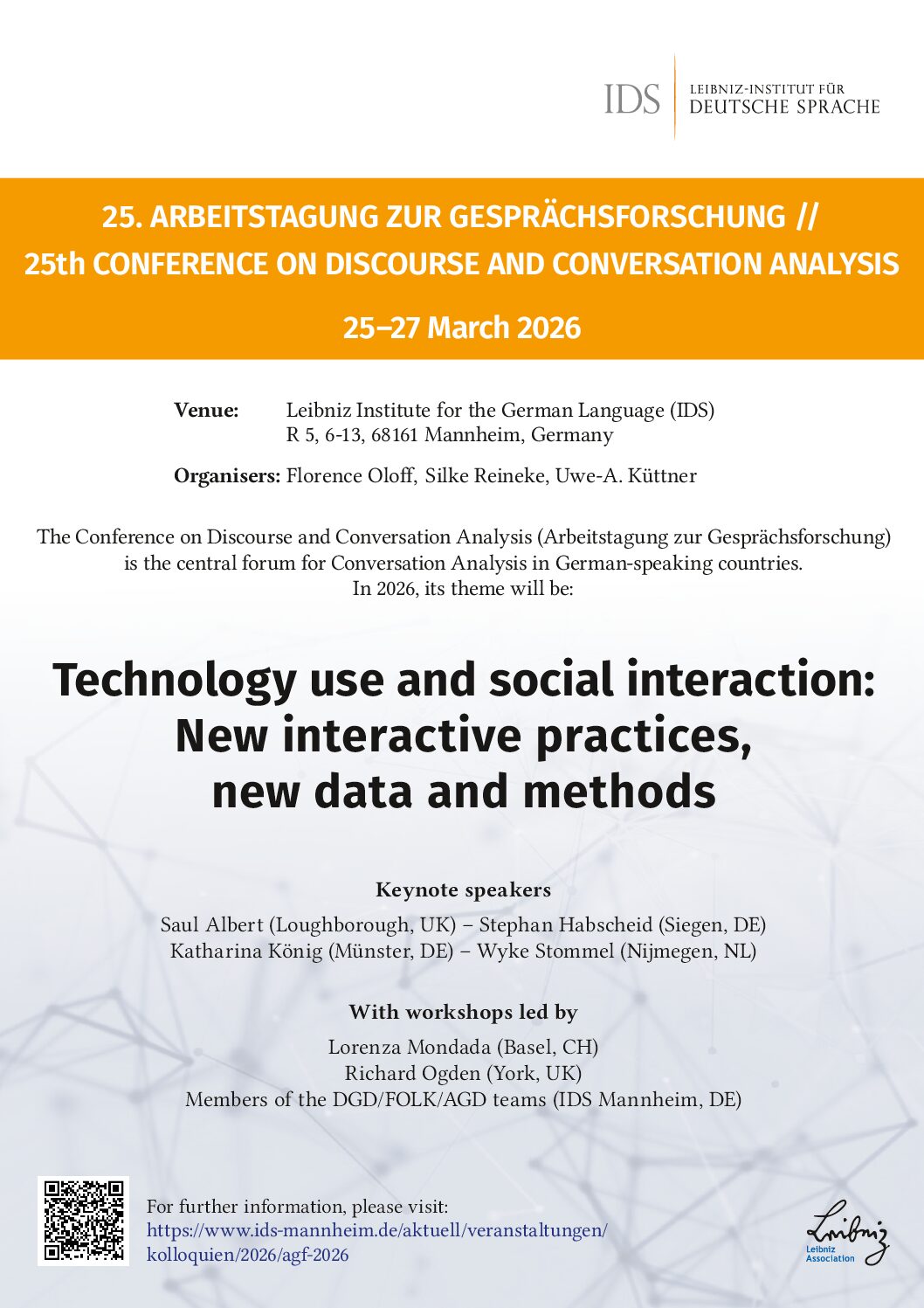 Call for Papers: 25. AGF „Technology use and social interaction“ am IDS Mannheim