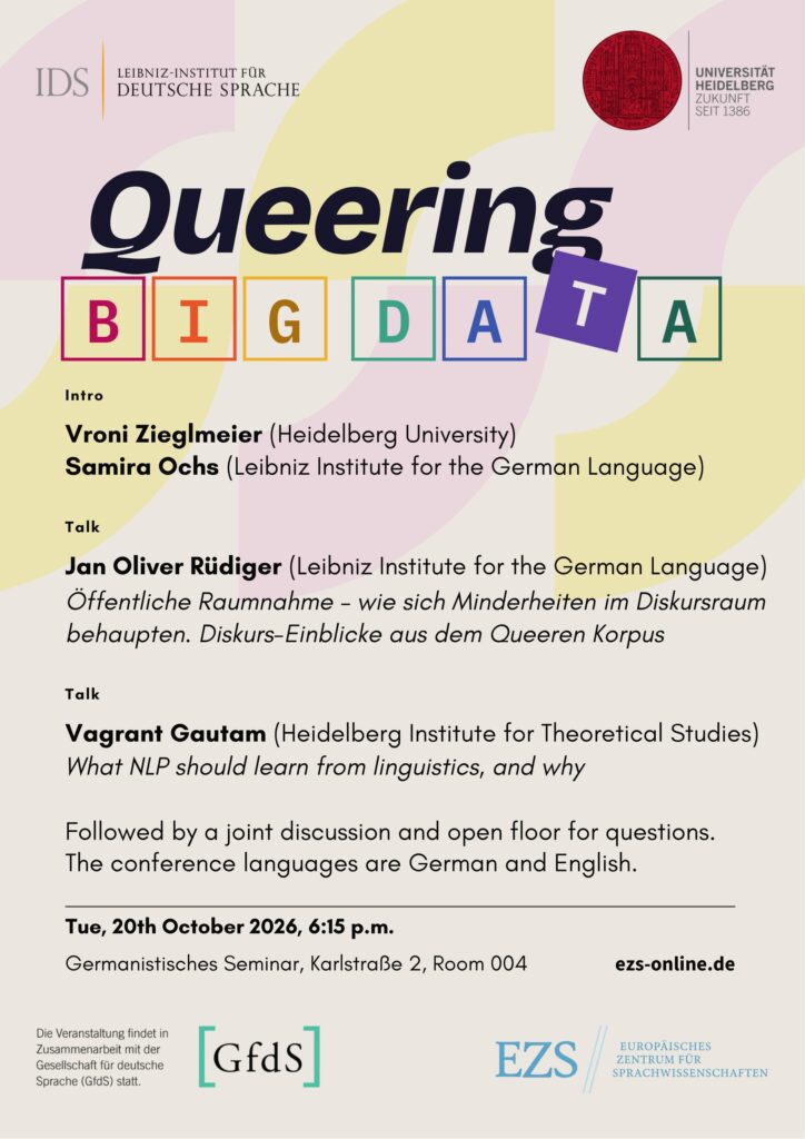 Plakat „Queering Big Data“ – Di, 20. Oktober 2026, 18:15 Uhr, Germanistisches Seminar, Karlstraße 2, Raum 004. Einführung: Vroni Zieglmeier, Samira Ochs. Vorträge: Jan Oliver Rüdiger, Vagrant Gautam. Logos von IDS, Universität Heidelberg, GfdS und EZS